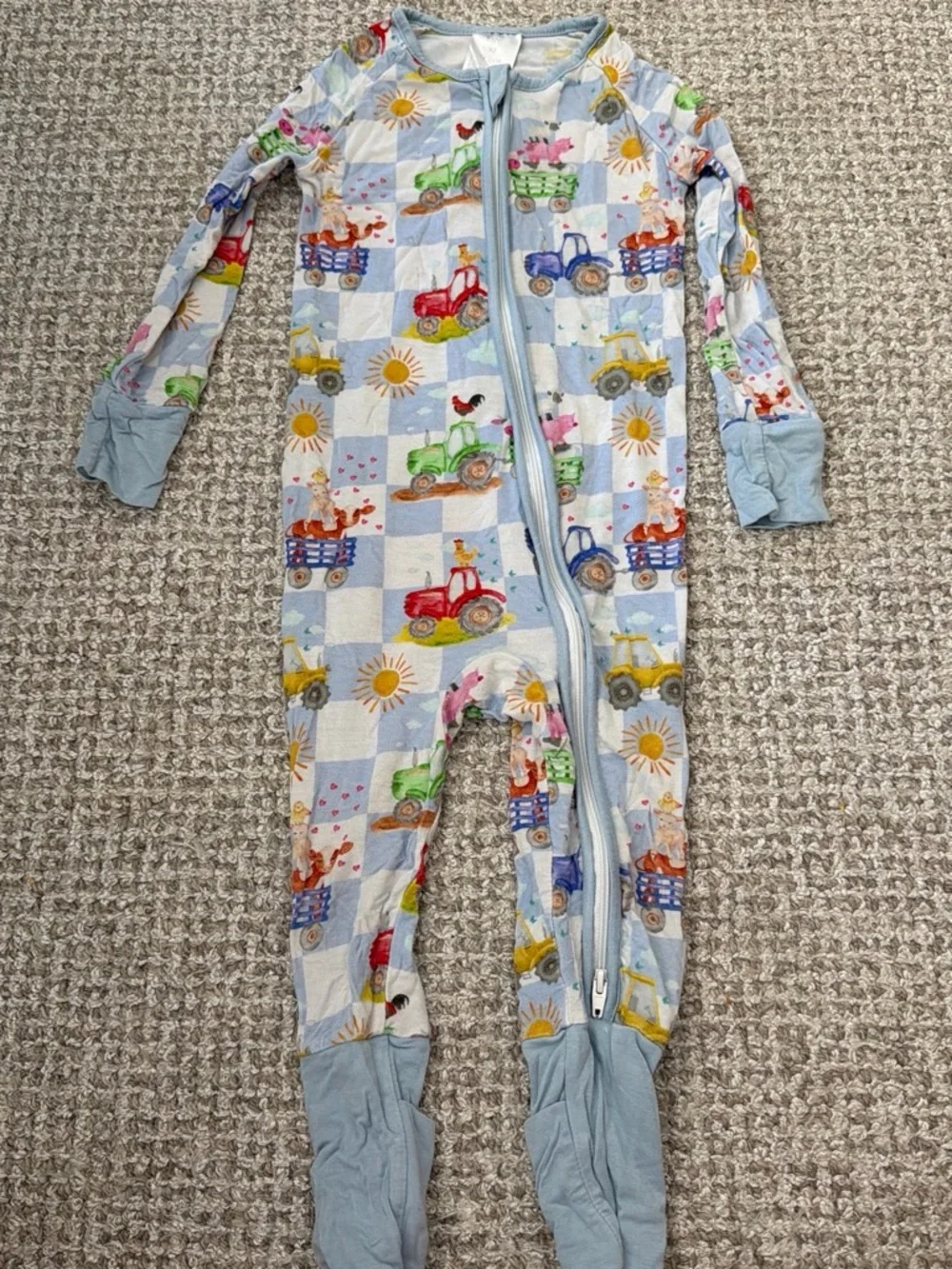 Light Blue Farm Tractor Print Kids One-Piece Pajamas